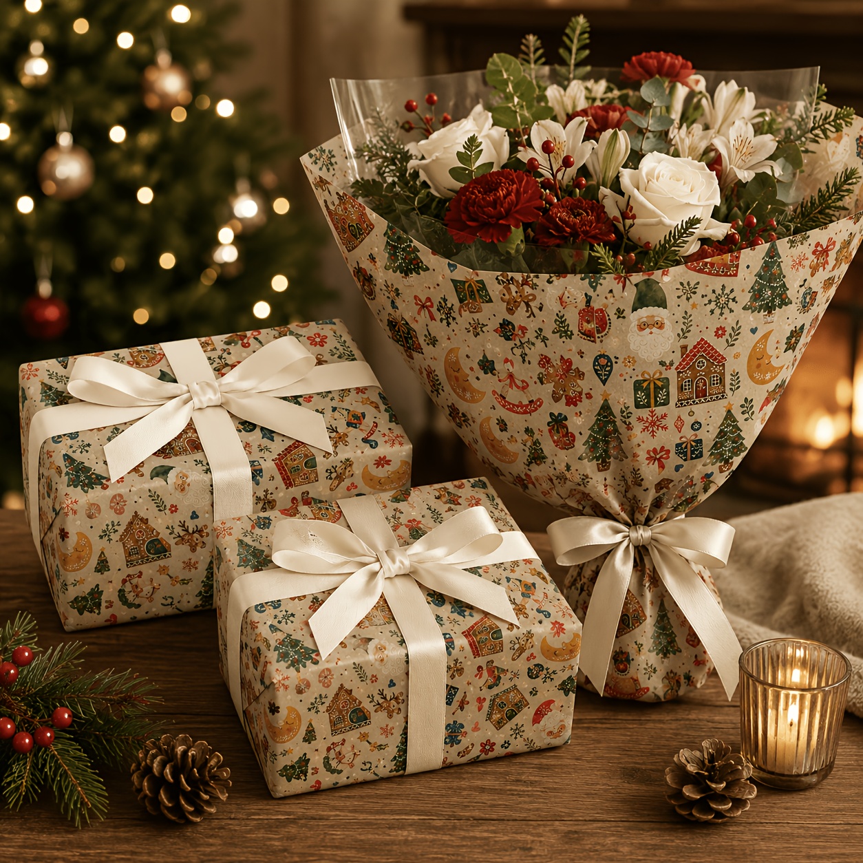 TEMU Carta da regalo arrotolata con cavallo a dondolo e motivo natalizio vintage, 43cm*500cm, carta da regalo natalizia premium spessa e opaca, carta