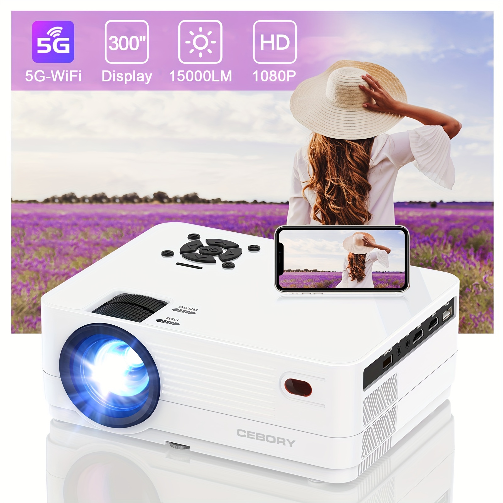 

Native 1080p 5g Wifi Bt Projector, Cebory 15000lm Full Hd Movie Projector, 300" Display For Outdoor Movies Support 4k Home Theater, Compatible With Ios/android/pc//ps4/tv