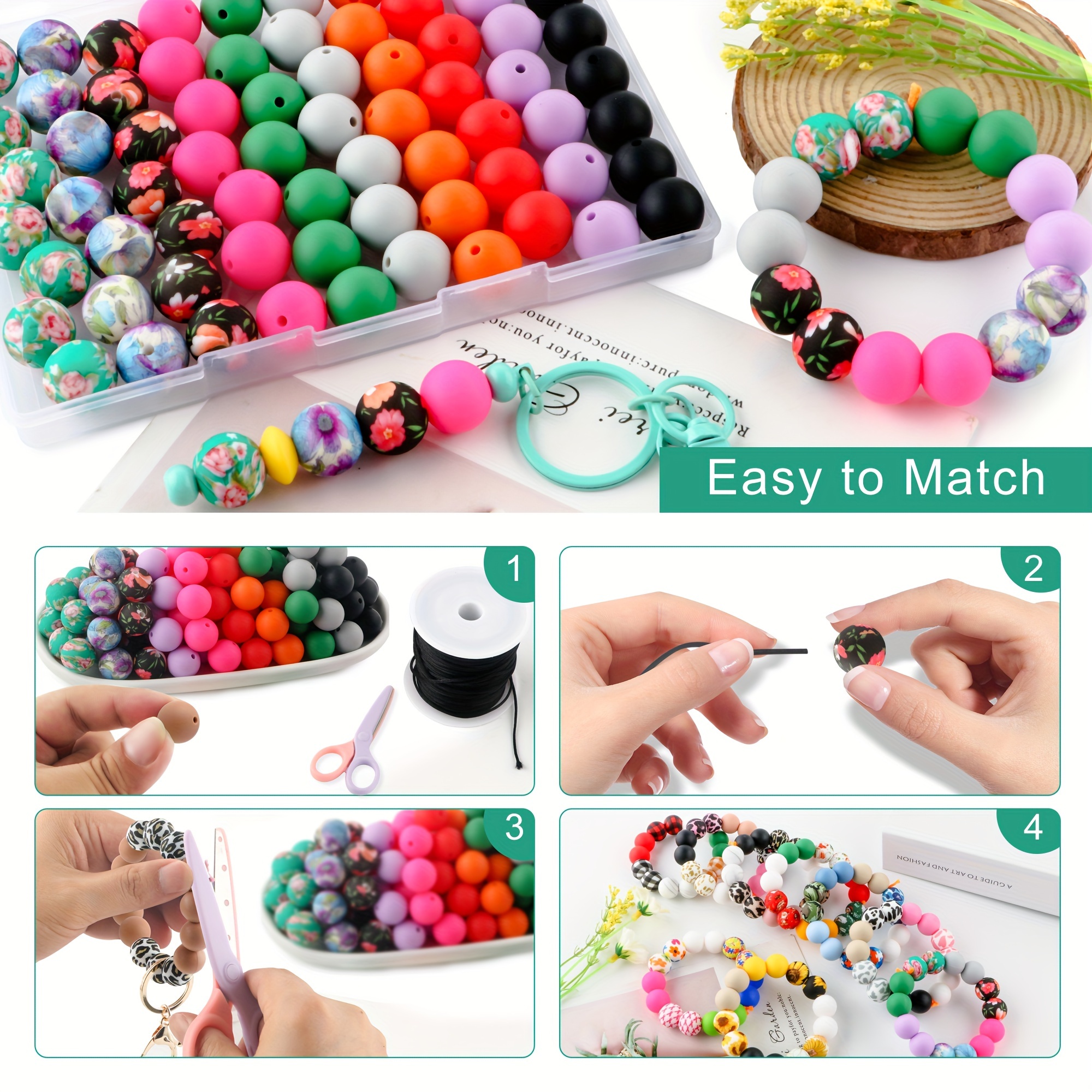 

20pcs/70pcs 15mm Printed Silicone Bead Combination With Floral Pattern, 15mm Solid Color Bead Combination, Suitable For Making Bracelets, Keychain Pendants, Etc