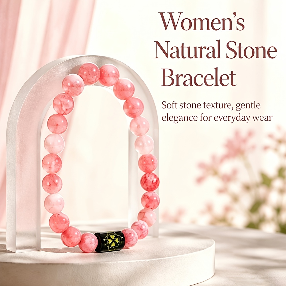 Women's Natural Agate Beaded Bracelet with Golden Engraved Hearts