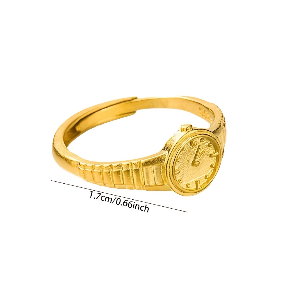 Women's S925 Sterling Silver Golden Clock Hand Band Ring, Unique Gift