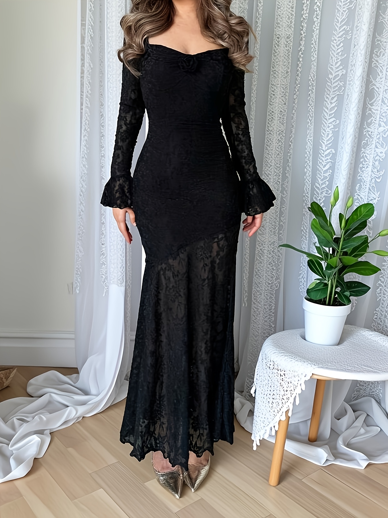 knee length black cocktail dress Black Round Neck Lace Tulle Short Prom Dress, Black Evening Dress US 10 / Black
