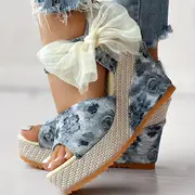 womens floral print wedge sandals peep toe bowknot strap platform shoes casual hoho beach shoes details 5