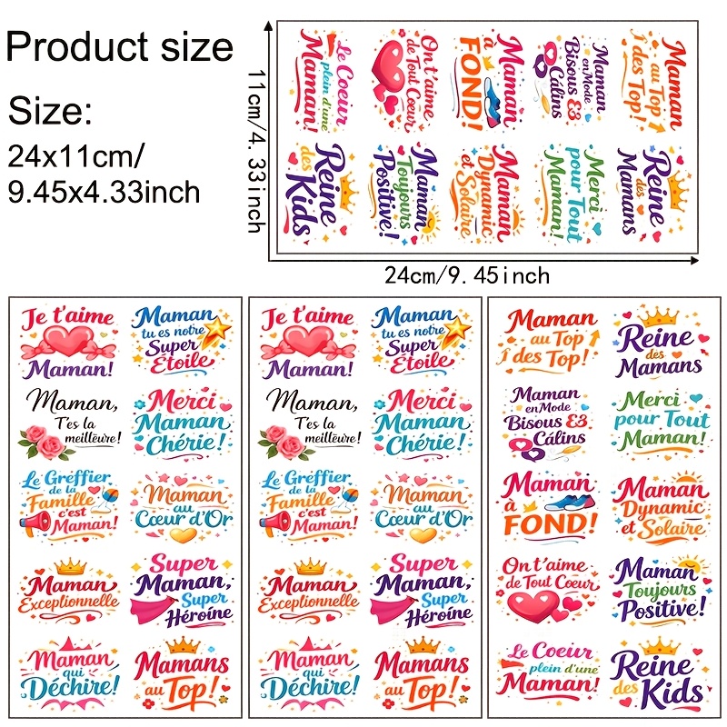 TEMU Série Fête des Mères Française 4pcs Emballage Cadeau Fête des Mères, Style Décoration Intérieure Etc. Papier de Transfert Vinyle UV DTF (Tasse