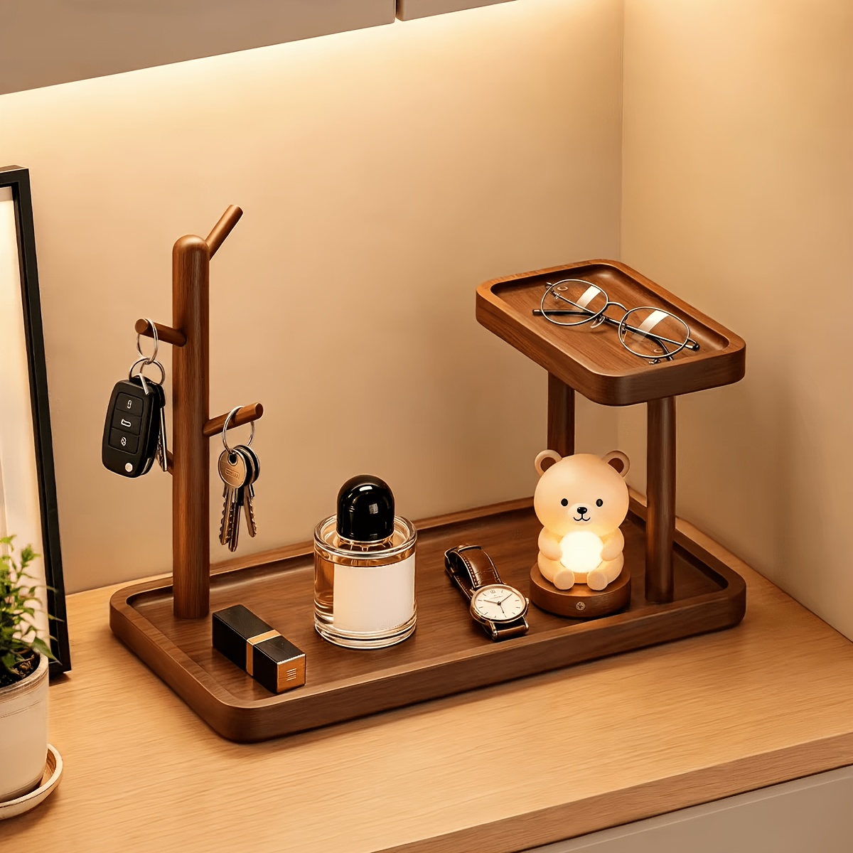 Solid Rubberwood Desktop Key Holder with Hooks and Tray