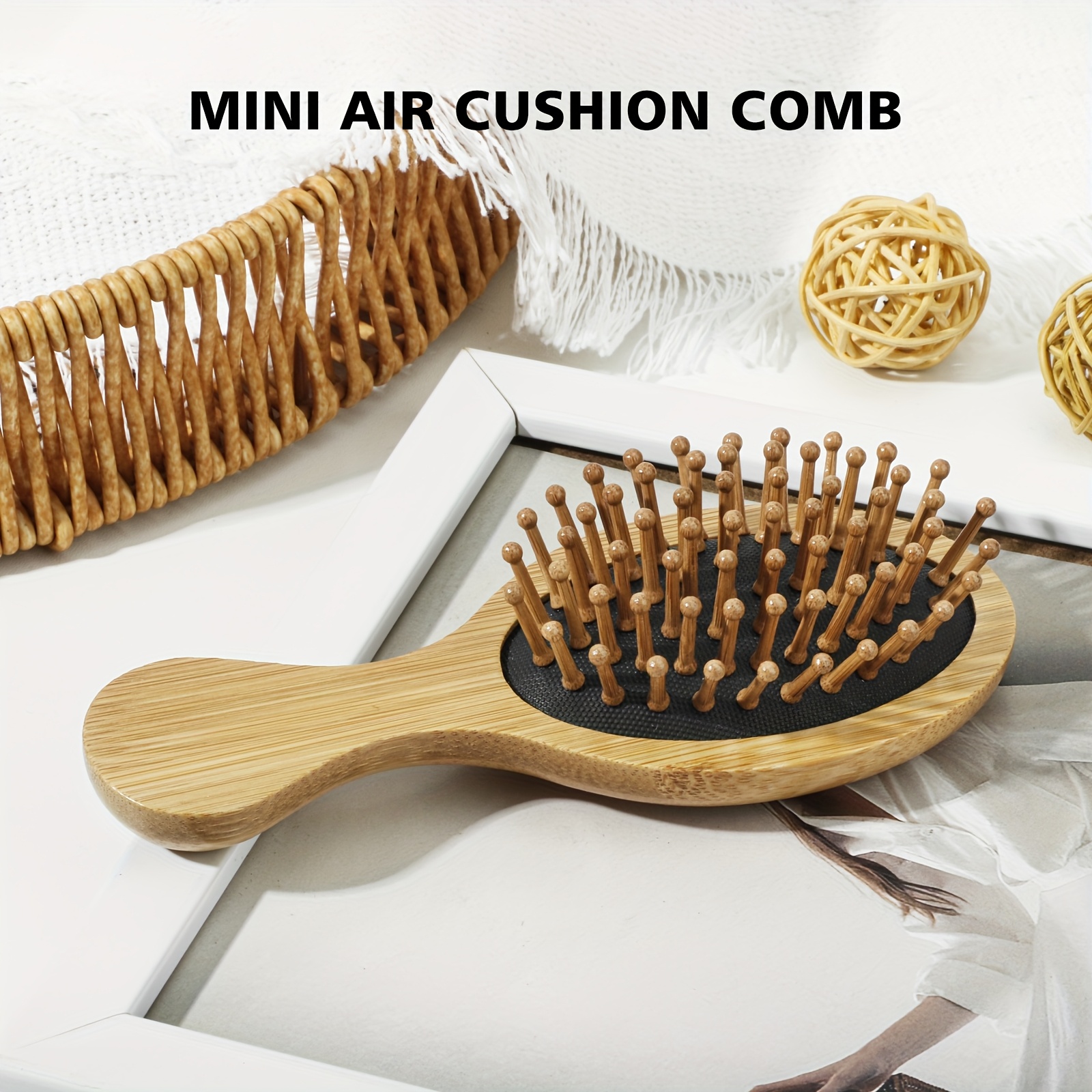 Cushion Bamboo Comb With Handle, Natural Bamboo Paddle Brush That Static, Suitable For Men And Women, Portable Hair Comb For Scalp Massage, Mini Portable Hairbrush For Thin, Curly, Or Dry Hair
