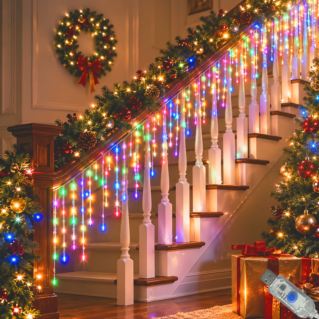 TEMU Guirnalda de luces de carámbanos de 190/100 LED con alimentación USB, luces para barra de hielo, 8 de iluminación, mejora el navideño, de ,