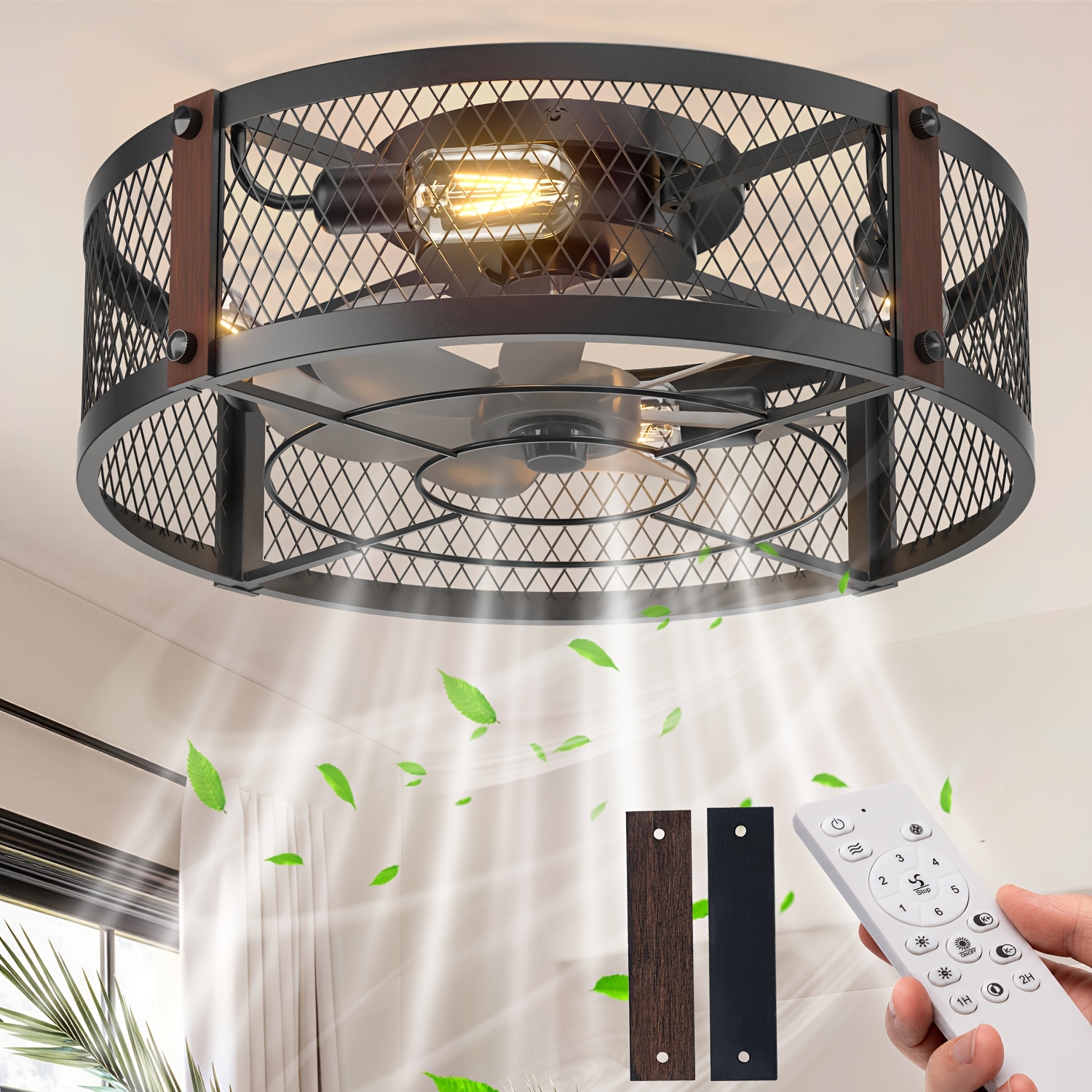 20" Farmhouse Flush Mount Ceiling Fans with Lights And Remote, Industrial Black Caged Low Profile Fandelier, 6 Speeds Bladeless Ceiling Fan for Bedroom, Kitchen, Living Room