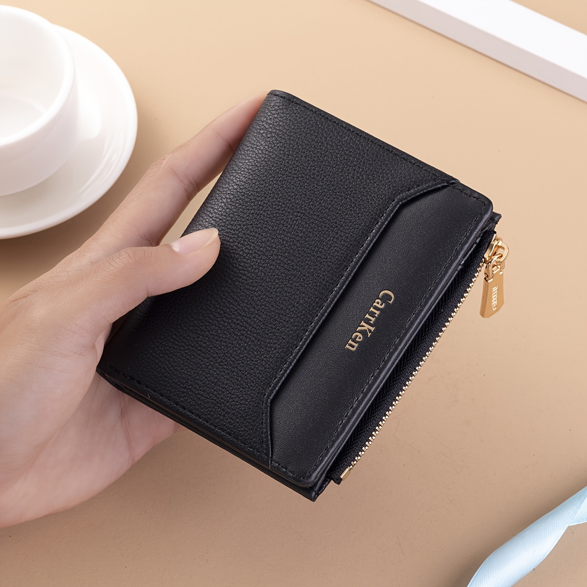 

[elegant Style] Carrken Vintage-style Women’s Compact Wallet With Zipper & Snap Closure, Black Bifold Design, Golden Zippers, Large Capacity Card Holder, Coin Purse – Perfect Gift For Her