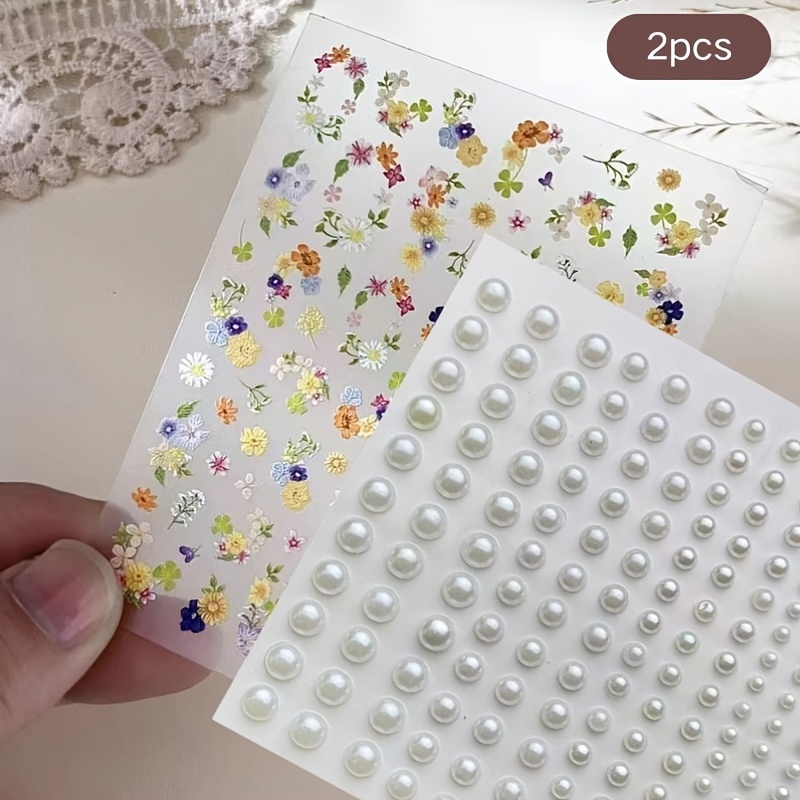 TEMU 2pcs Floral Face Decoration Sticker Set With Self-adhesive Backing, Rhinestones, Forest-style Dried Flower Makeup, Eye Makeup, Face Stickers For