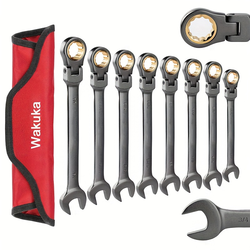 

8pcs Flex Head Ratchet Combination Wrench Set, Black Nickel Sandblasted Movable Head Wrench Set, 13/16-1/4-inch, 72-tooth, Cr-v Construction, Comes With Pouch