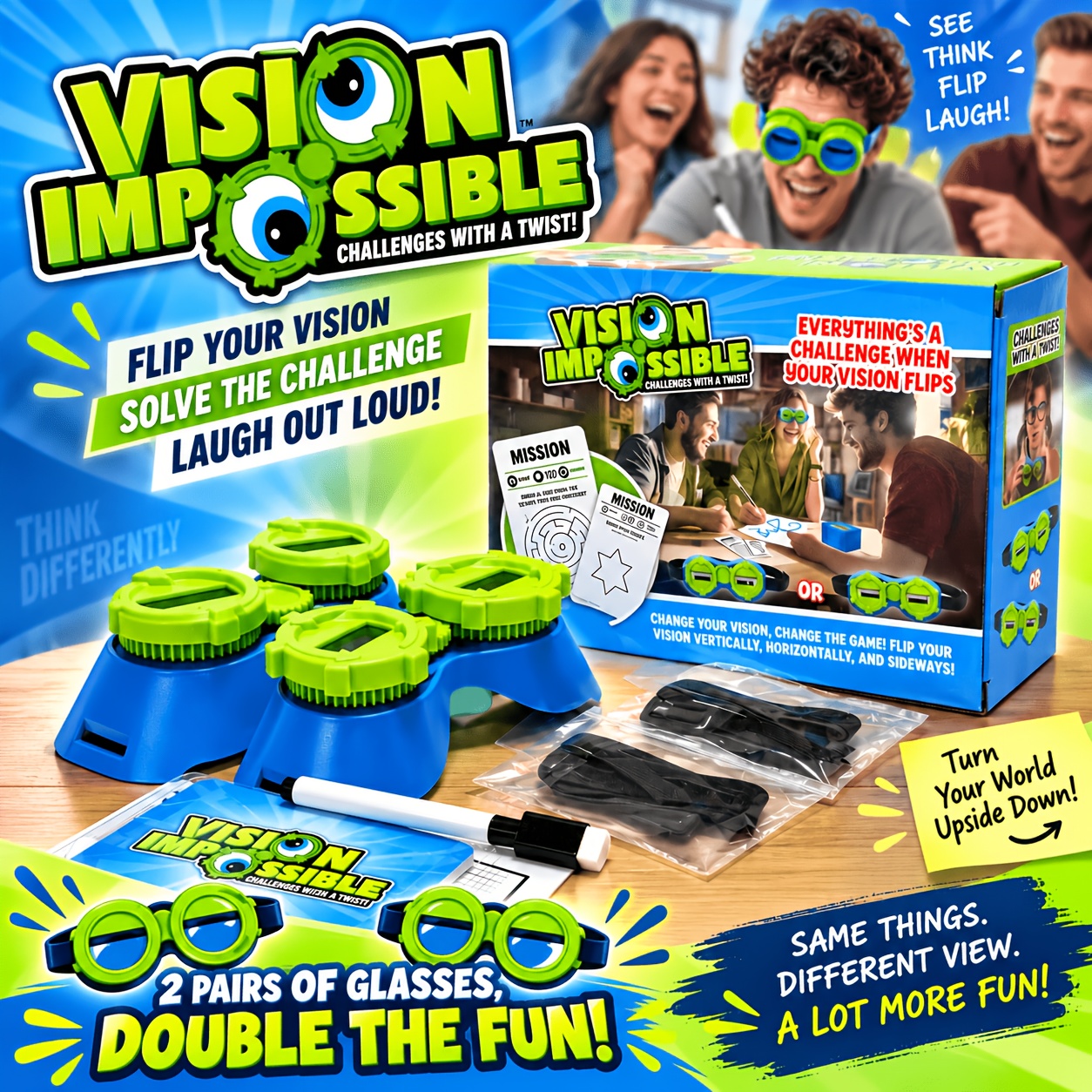 TEMU 2pcs Jeu de cartes de lunettes à vision inversée, jeu de société de amusant, jeu de de table à lunettes pour famille, amis, fêtes air et