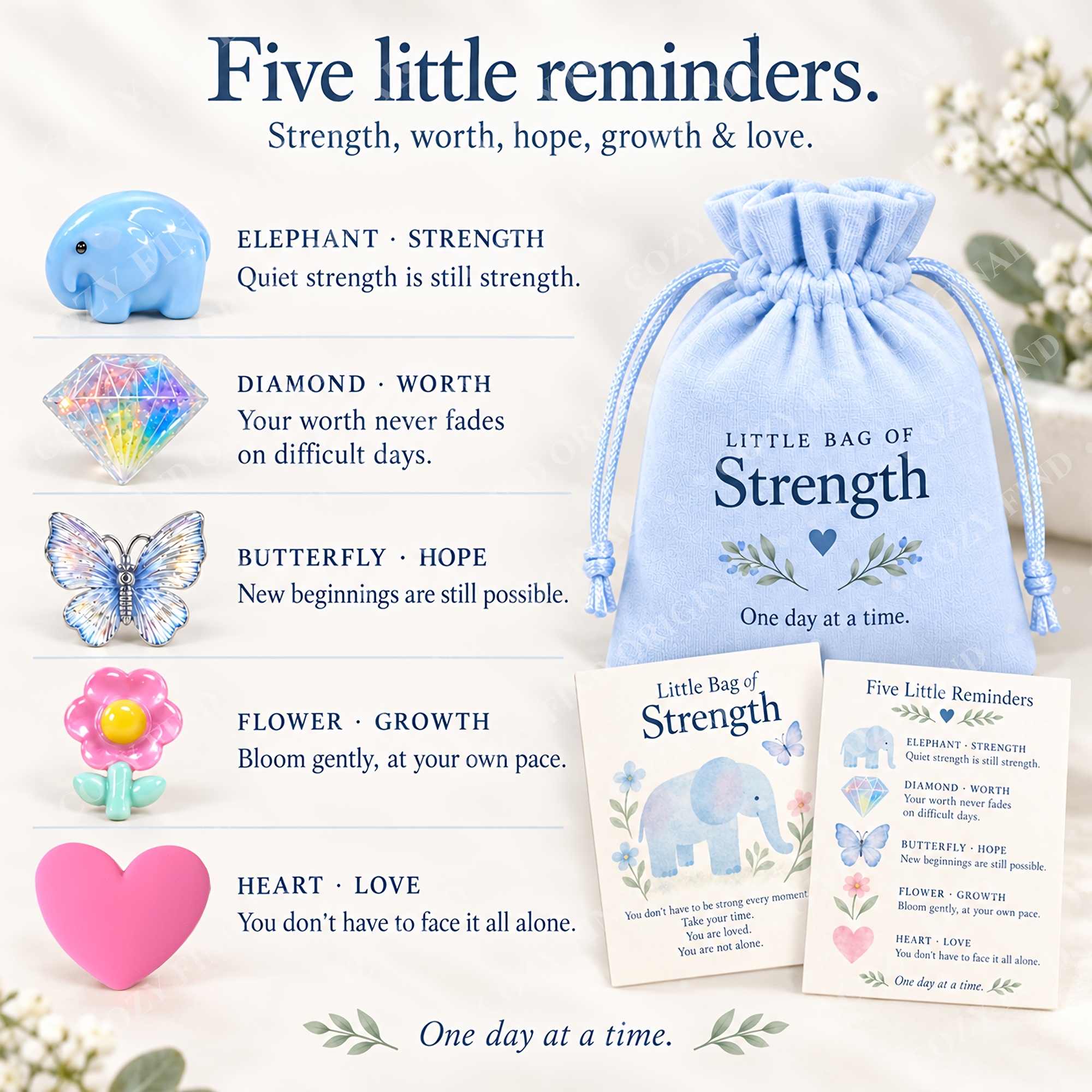 TEMU Little Bag Of Strength With 5 Resin Keepsakes, Gift For Women , Multi-item Party Favor Gifts, Encouragement Card And Blue Drawstring Pouch, And