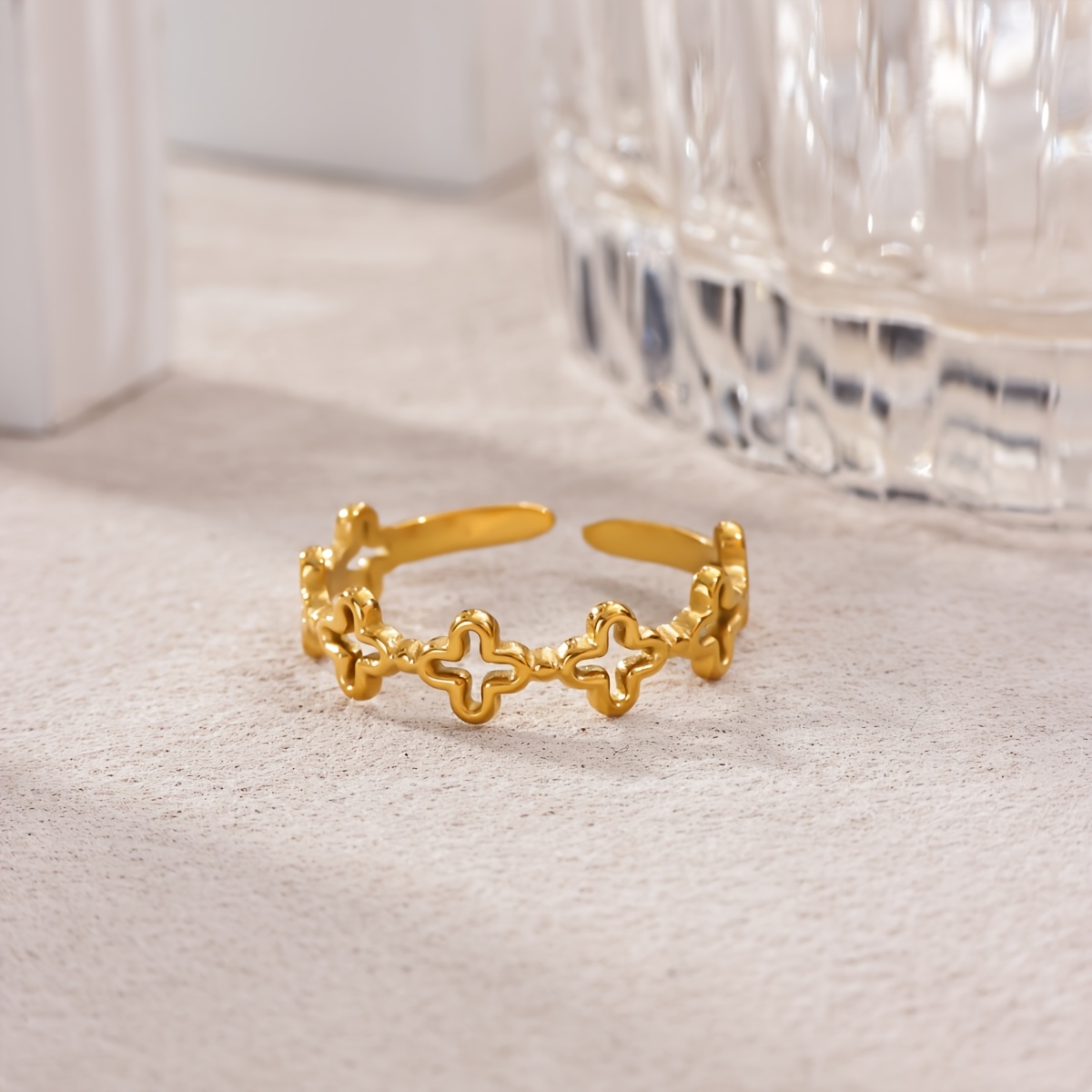 Women's Golden Stainless Steel Clover Splicing Open Ring