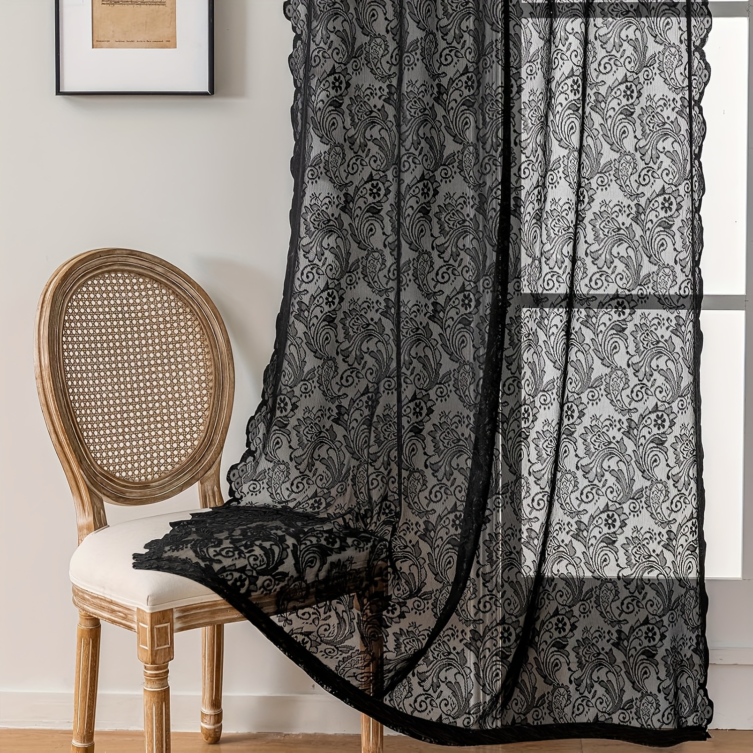 TEMU Lace Window Curtains With Delicate Floral Lace & Scalloped Edges - & Modern , Sheer Fabric For Soft Light & Privacy, 100% Polyester, Rod Pocket,