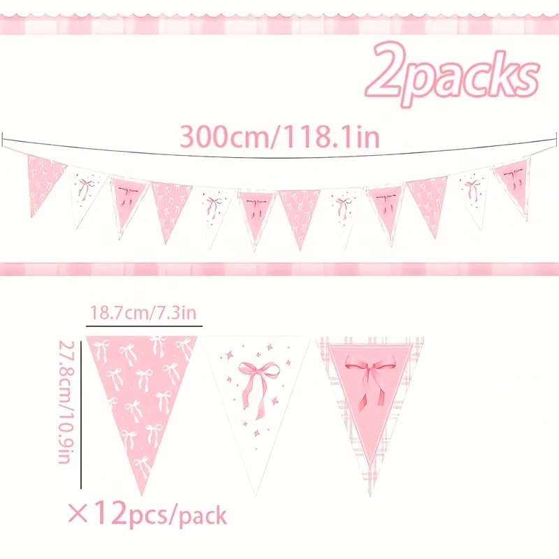 2-pack Pink Bow Party Banner, Cute Themed Party Pennants, Suitable For Birthday Parties, Valentine's Day, Bridal Showers, Bachelorette Parties, Holiday Decor Garlands, Room Decorations