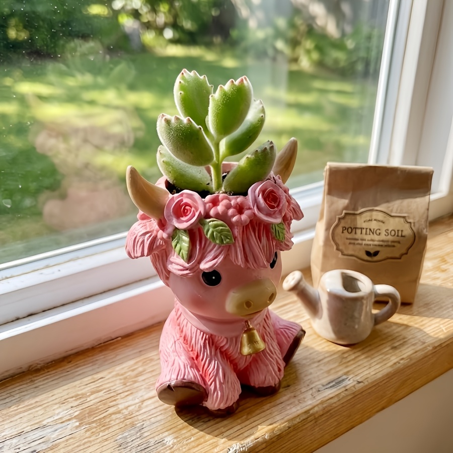 TEMU 1pc Cute Pink Highland Cow Resin Sculpture, Multifunctional Ornament, Used As Flower Pot, Pen Holder, Storage Container, Etc., With And Bell,