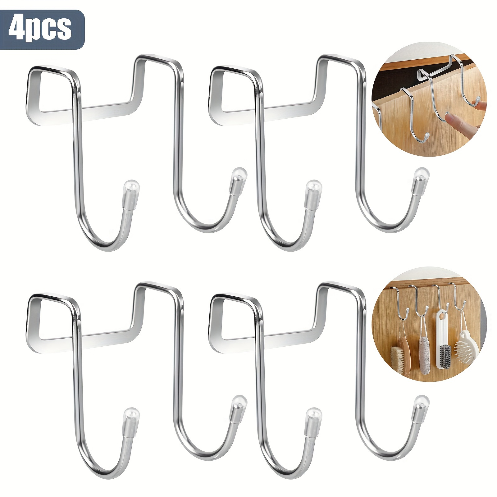 

4pcs Stainless Steel Over The Door Hooks, Door Back Hanging Hook, Multi-functional Organizer For Bedroom And Bathroom