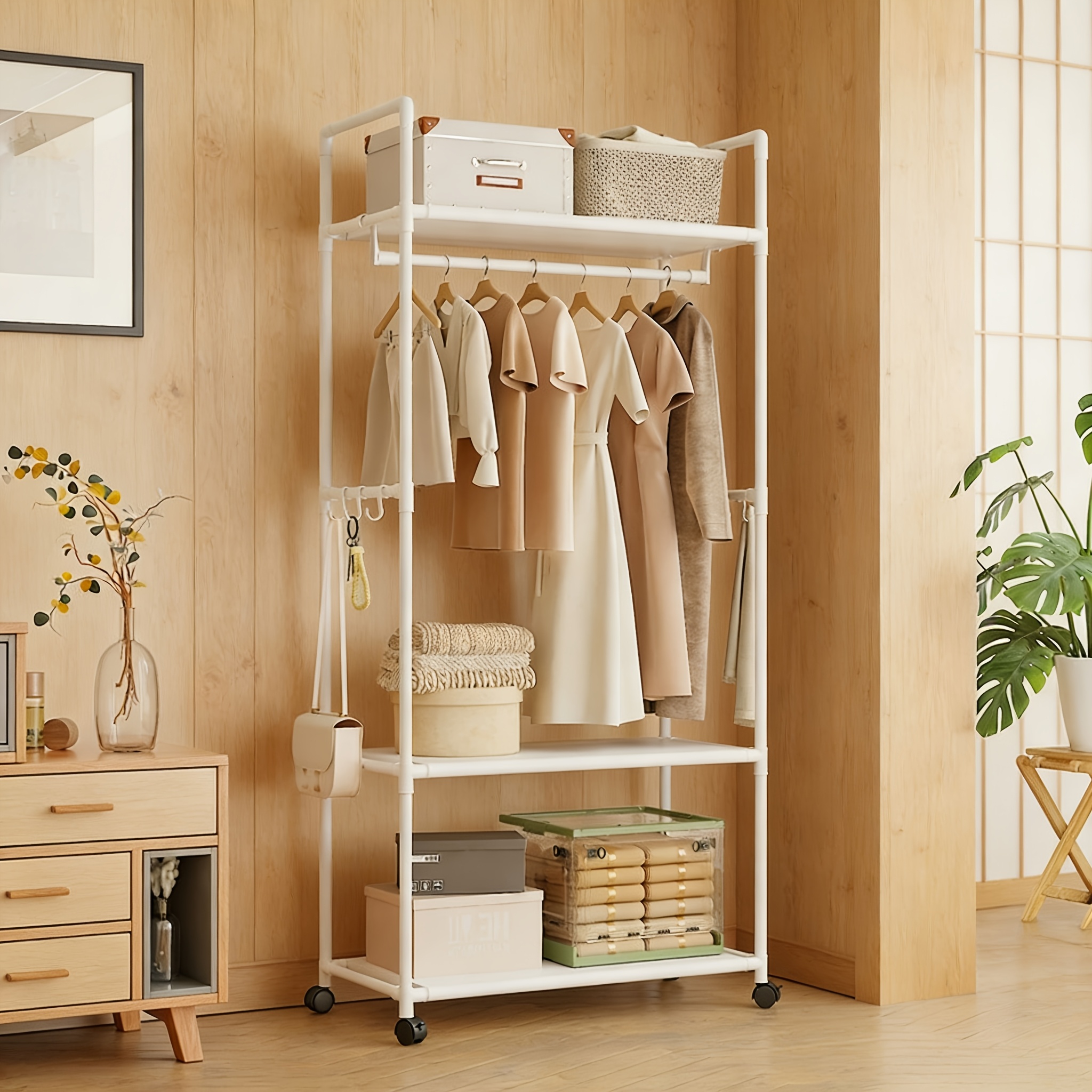 TEMU Modern Minimalist Pulley Hanger - Multifunctional Space-saving Storage Rack With Hooks And Shelves, Independent Storage Unit Suitable For