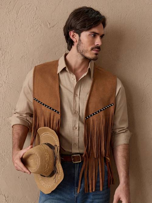 mens casual look western fringe vest