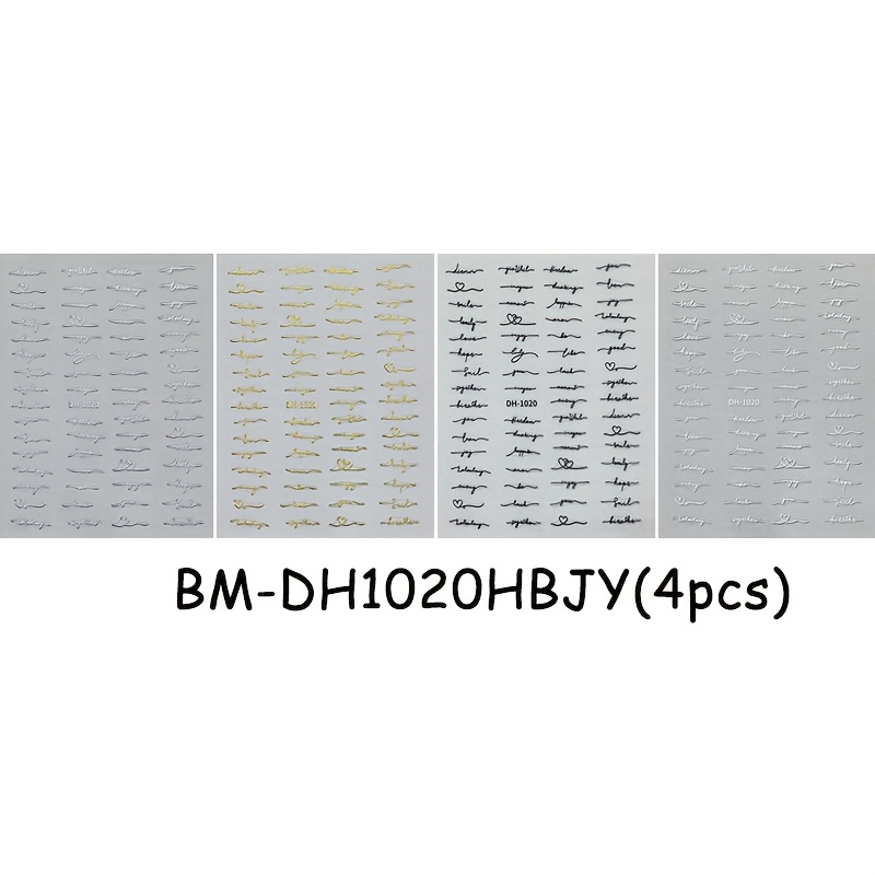 Image of 4pcs Of English Letter Nail Stickers In Black, White, Golden, And Silvery With A Minimalist Style Featuring Heart Designs And Self-adhesive Nail Decorations In Black And Golden