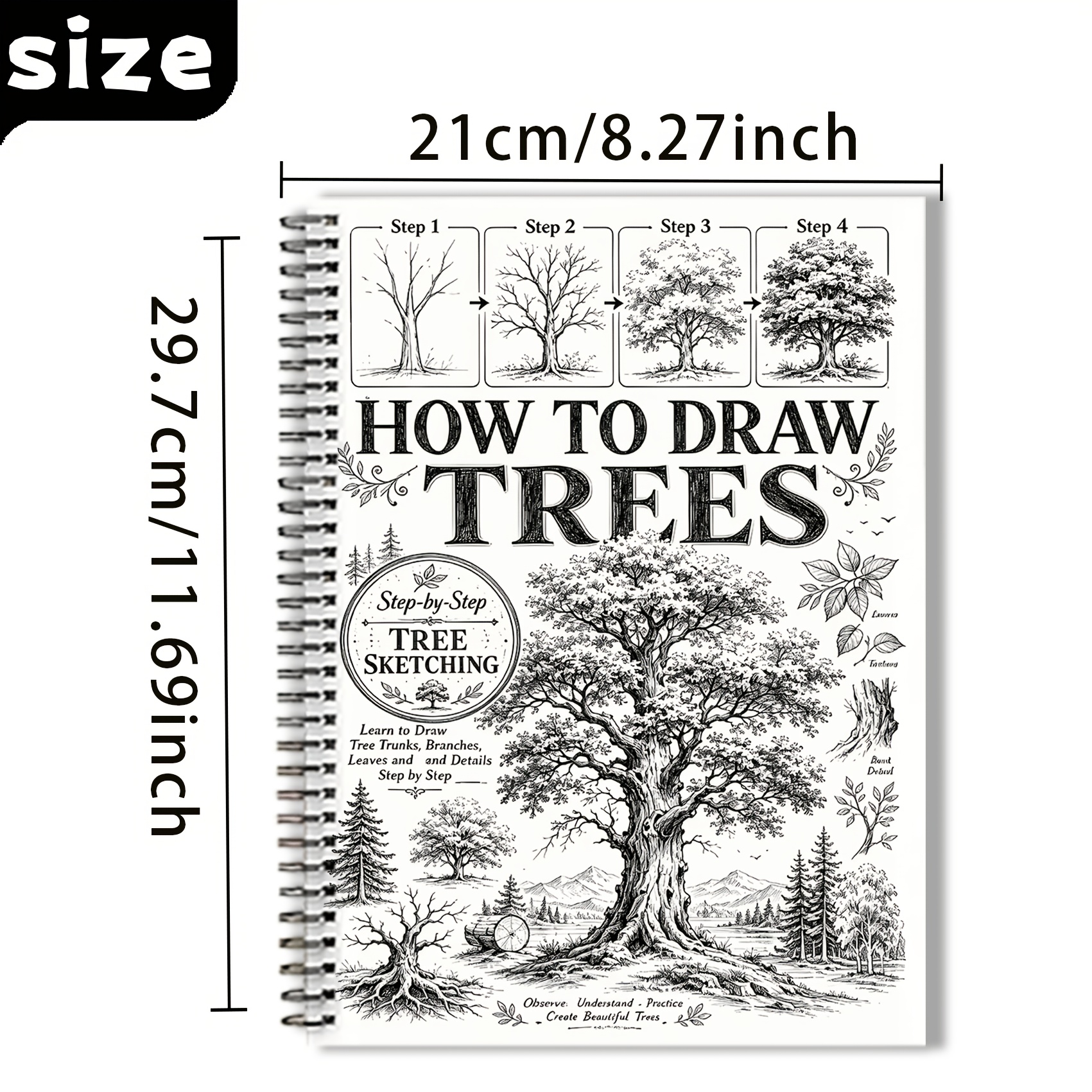 TEMU How To Draw Trees Workbook, 26 Pages, Double Spiral Bound. Teaching Of Tree Drawing Techniques, With Rich Templates. Professional Workbook,