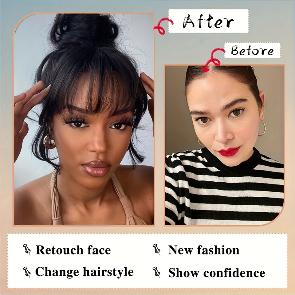 fringe air bangs 1 with sideburns 1 messy hair bun hair clip in hair extensions all handmade textile   heat resistant hairpieces for women girls   look instantly details 8