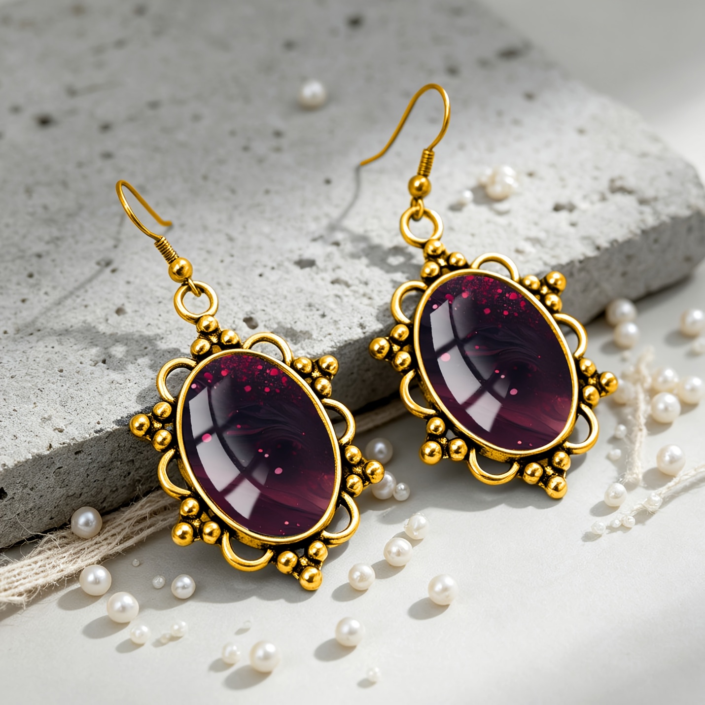 Women's Wine-Red Polka-Dot Oval Earrings, Elegant Style