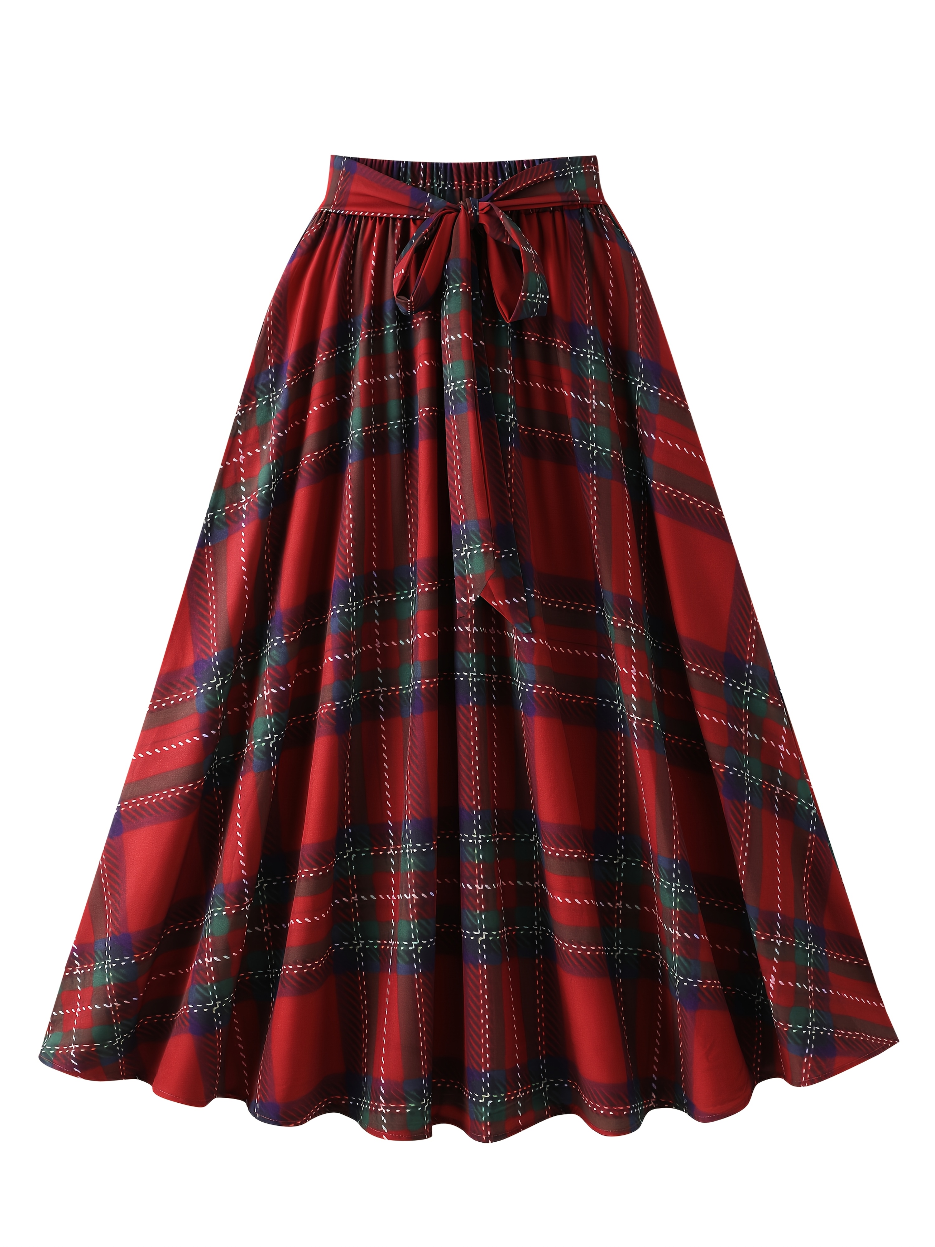 Plus Size Women's Flared Midi Skirt Vibrant Red with Green Black  Accents, Adjustable Waistband, Machine Washable, Spring Summer Fall  Vacation