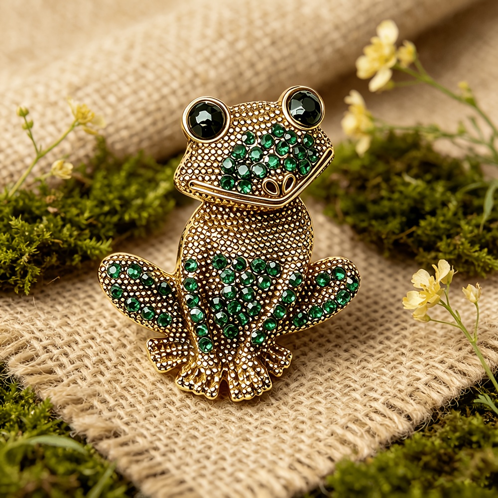 TEMU Broche de Rana Sentada Retro , Opciones Multicolor, Pavé Completo de Pedrería con Ojos de Rana 3D de Pedrería Negra, Diseño Individual y