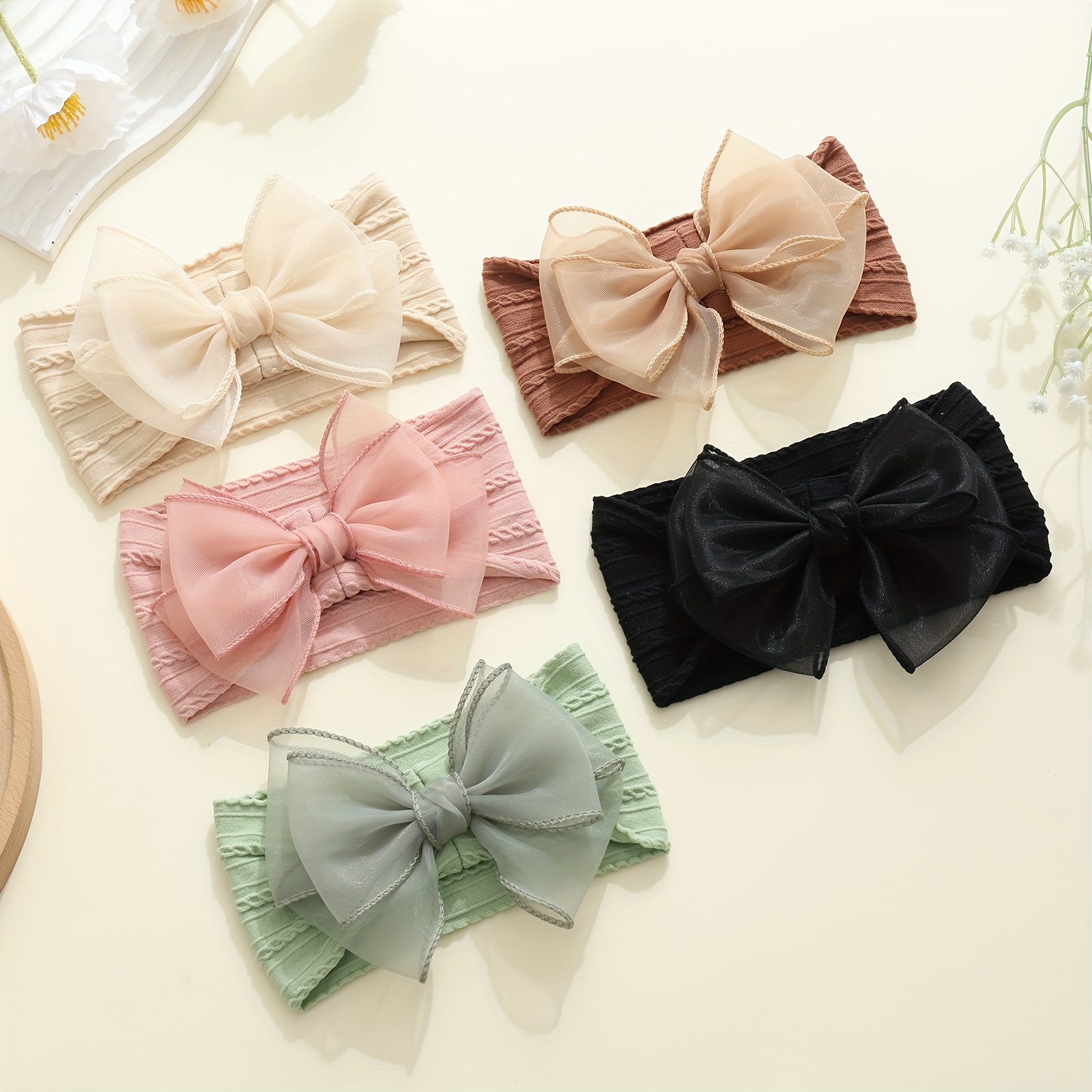 TEMU 5pcs Set Nylon Hairbands With Large Bow Ties | Soft, Comfortable, Elastic, , Mixed Colors, Fashionable Knit Fabric, Suitable For Teens - Jralon