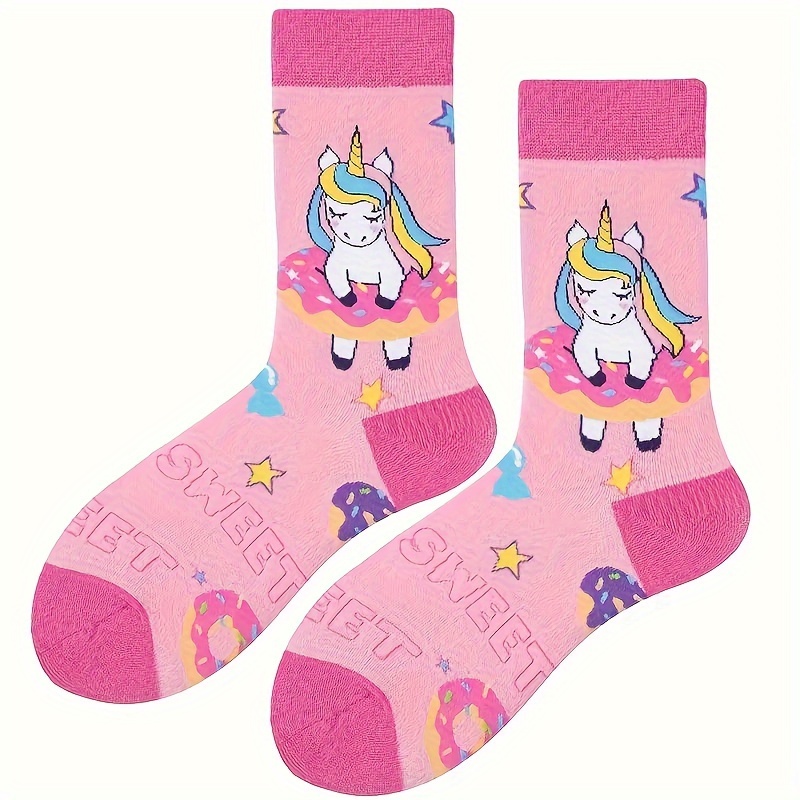 

1 Pair Of Unicorn & Donut Mid-calf Socks For Women - Soft, Stretchy Polyester With Pink Accents, Machine Washable, Cute Socks