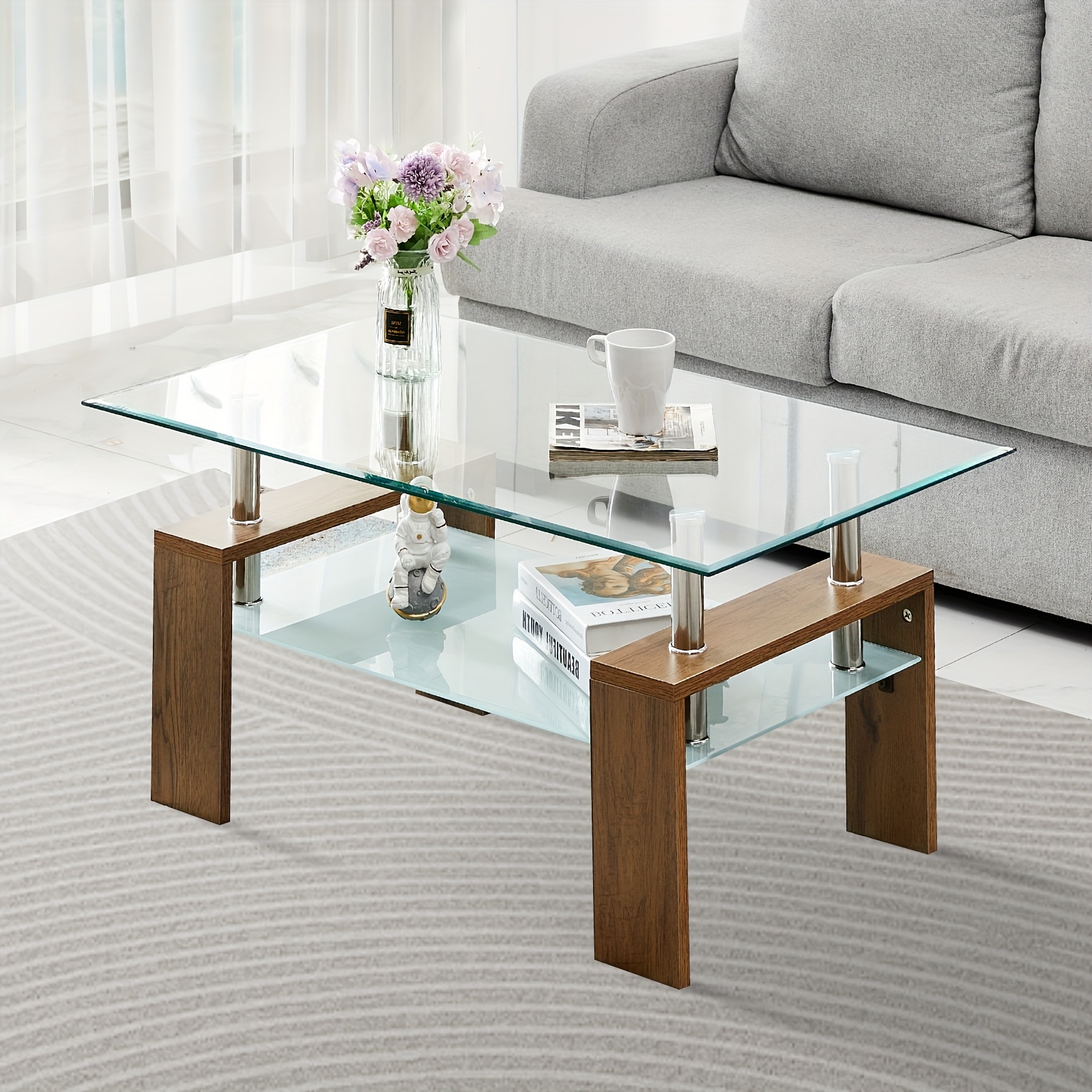 rectangle glass coffee table modern side table with lower shelf chrome and mdf wood support for living room guest reception room