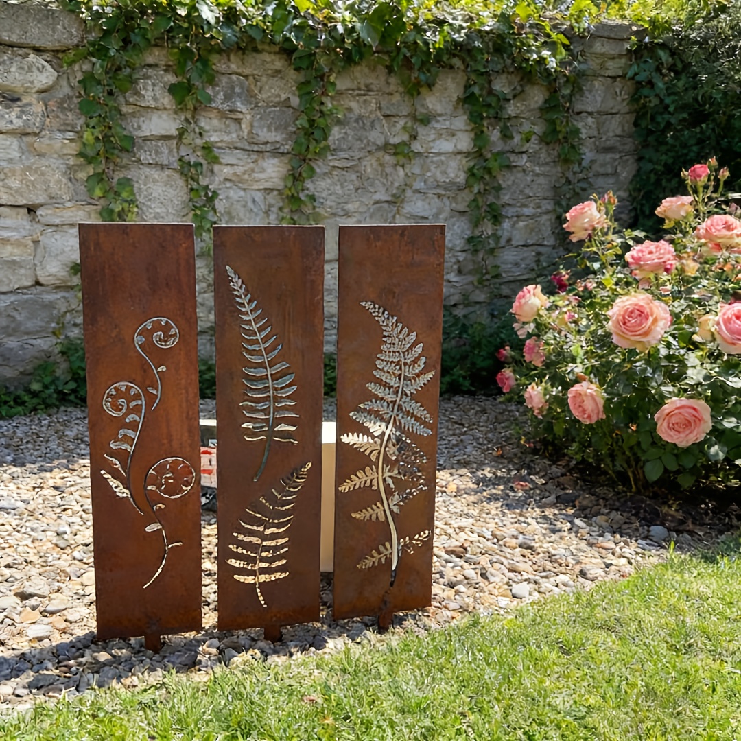 [2D Flach] 4-tlg. rustikales Eisen-Farn-Paneel-Kunst-Set mit Heringen   Langlebiger Gartensichtschutz, handgeschweite Eisenkonstruktion, elegantes  Fiederspabaum-Design * fr Auendekoration & * ...