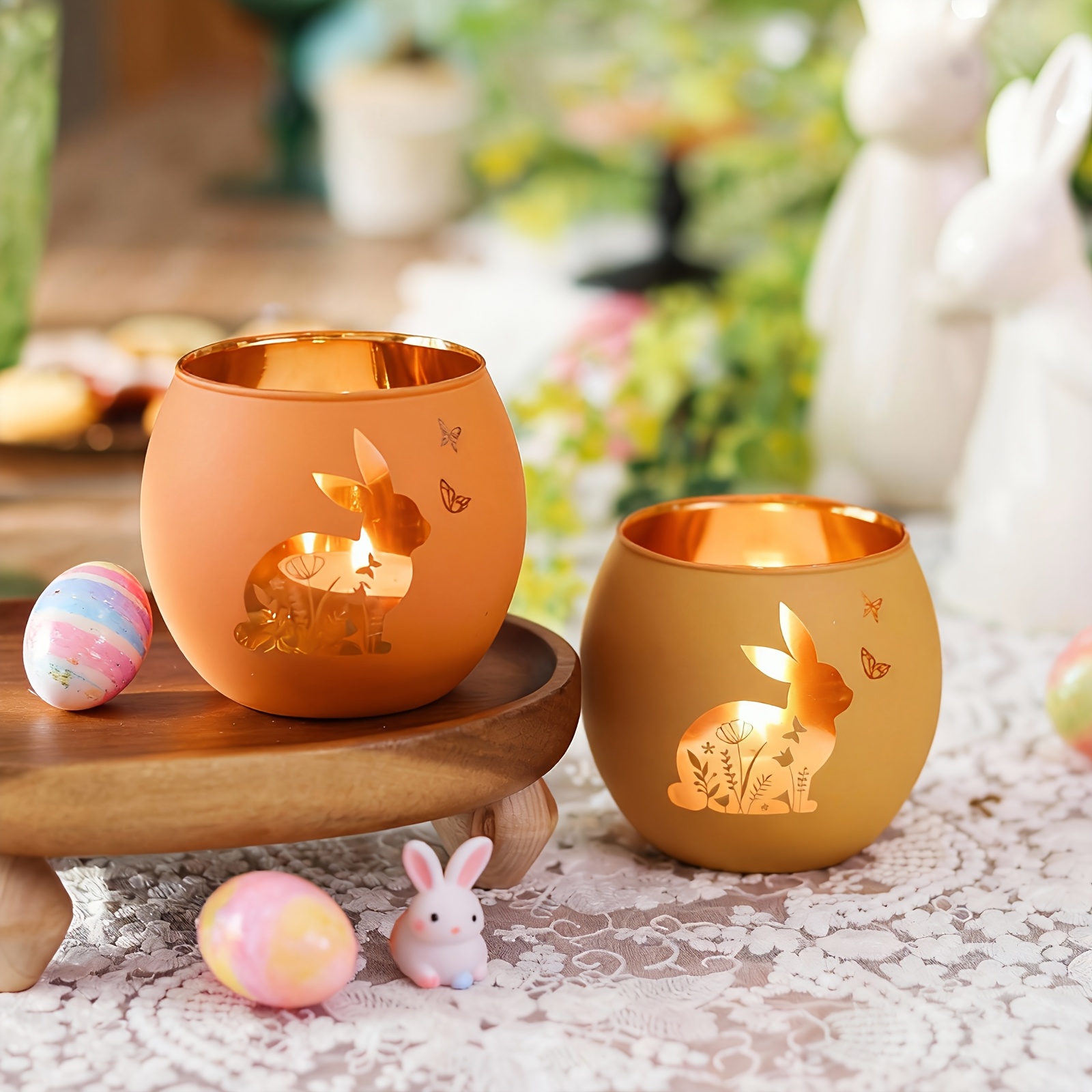 TEMU 2pcs Glass Easter Bunny Candle Holder With Rabbit, & Design - Glass Candlesticks Suitable For Tabletop, Spring Decor, Rabbit-themed Centerpiece
