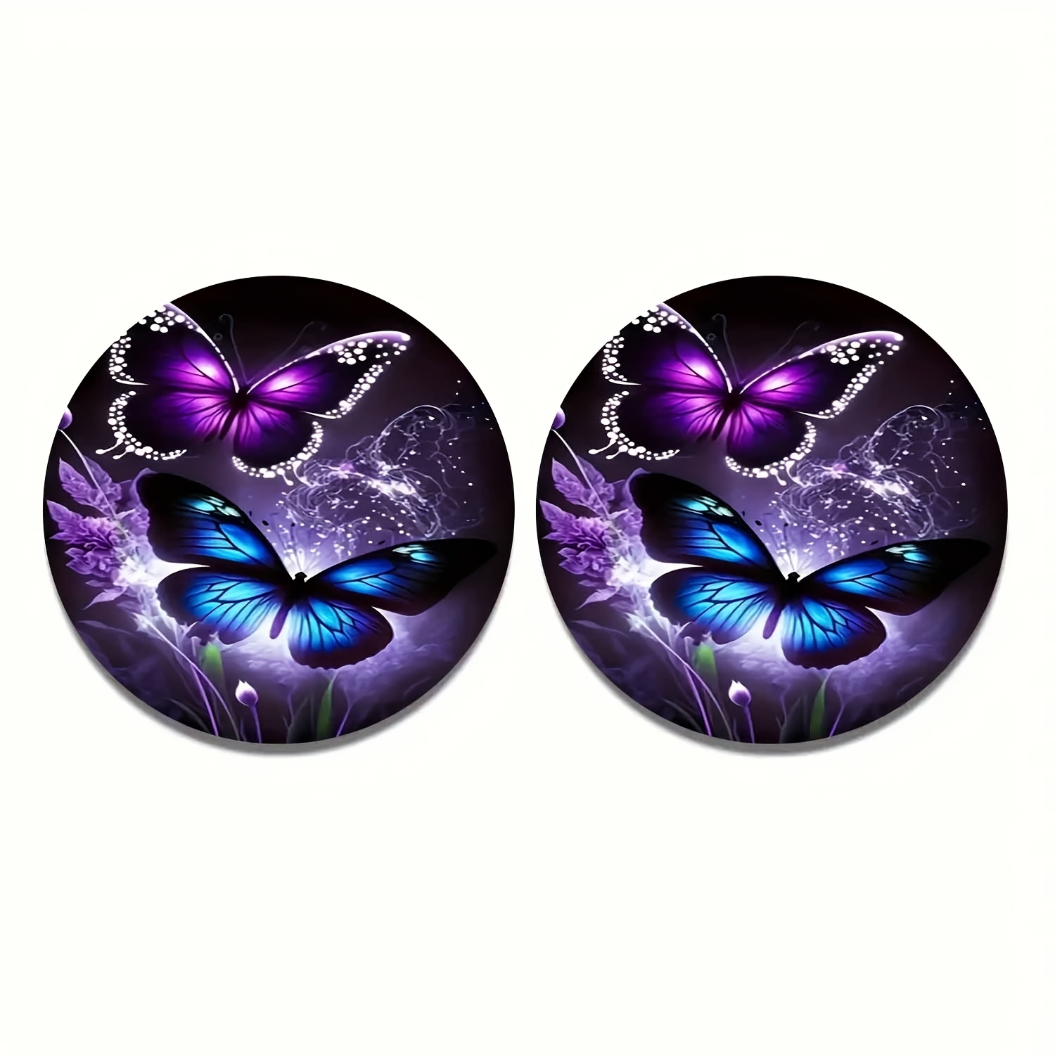 TEMU 2pcs Gorgeous Purple And Blue Butterflies Car Coasters, Easy To Clean Coasters, Women' Interior Decoration Accessories, Gifts For , Home Dining