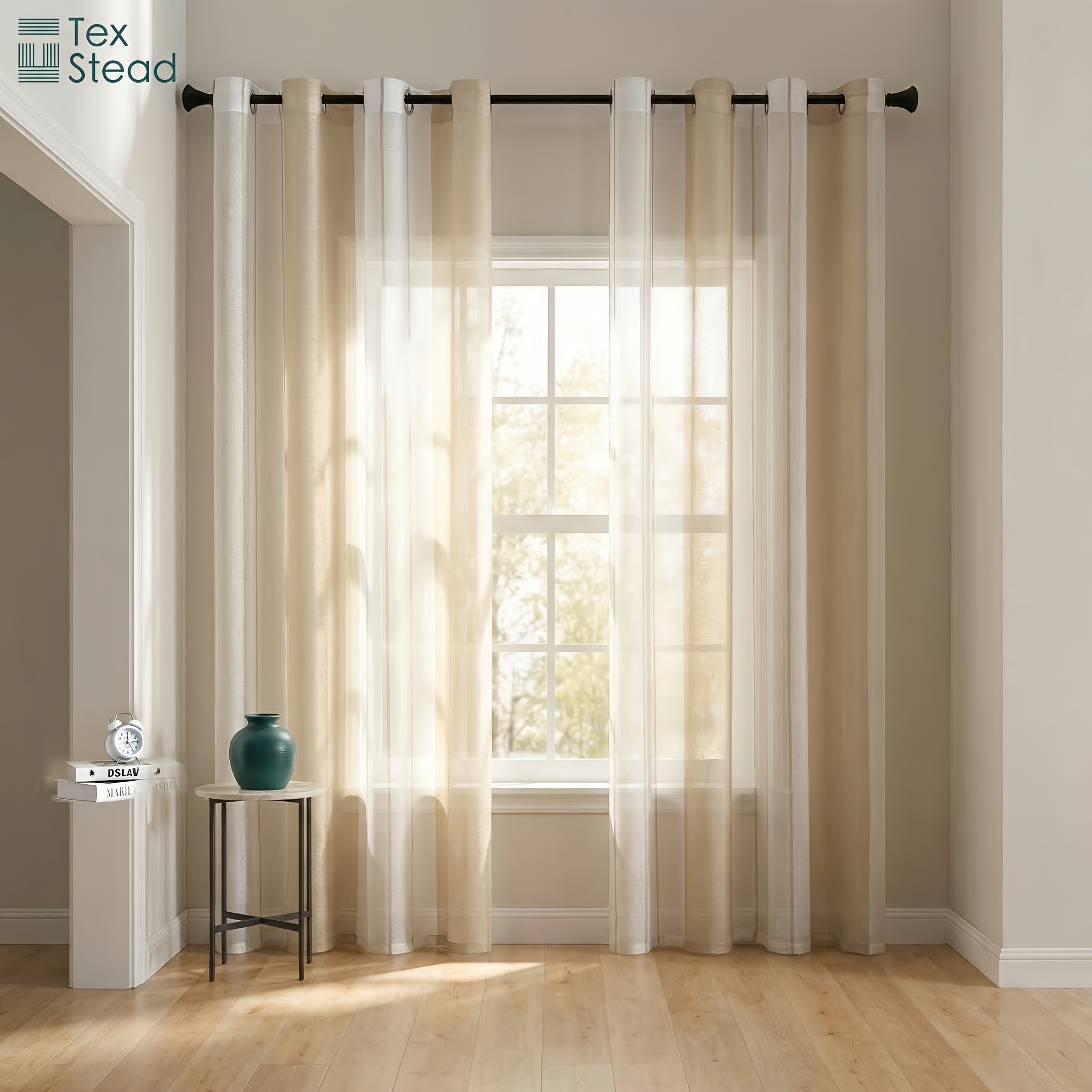 TEMU 2pcs/set Lightweight Textured Semi-sheer Grommet Top Window Curtains – Breathable Sheer Drapes For Living Room, Bedroom, Kitchen, Home Office &
