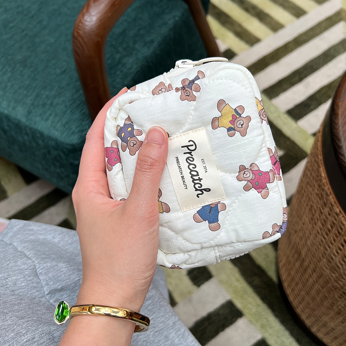 TEMU Mini Borsetta da Trucco Precatch con Stampa Orso - Borsa Cosmetica in Poliestere Resistente per Rossetto, Fazzoletti & Essenziali, Organizzatore