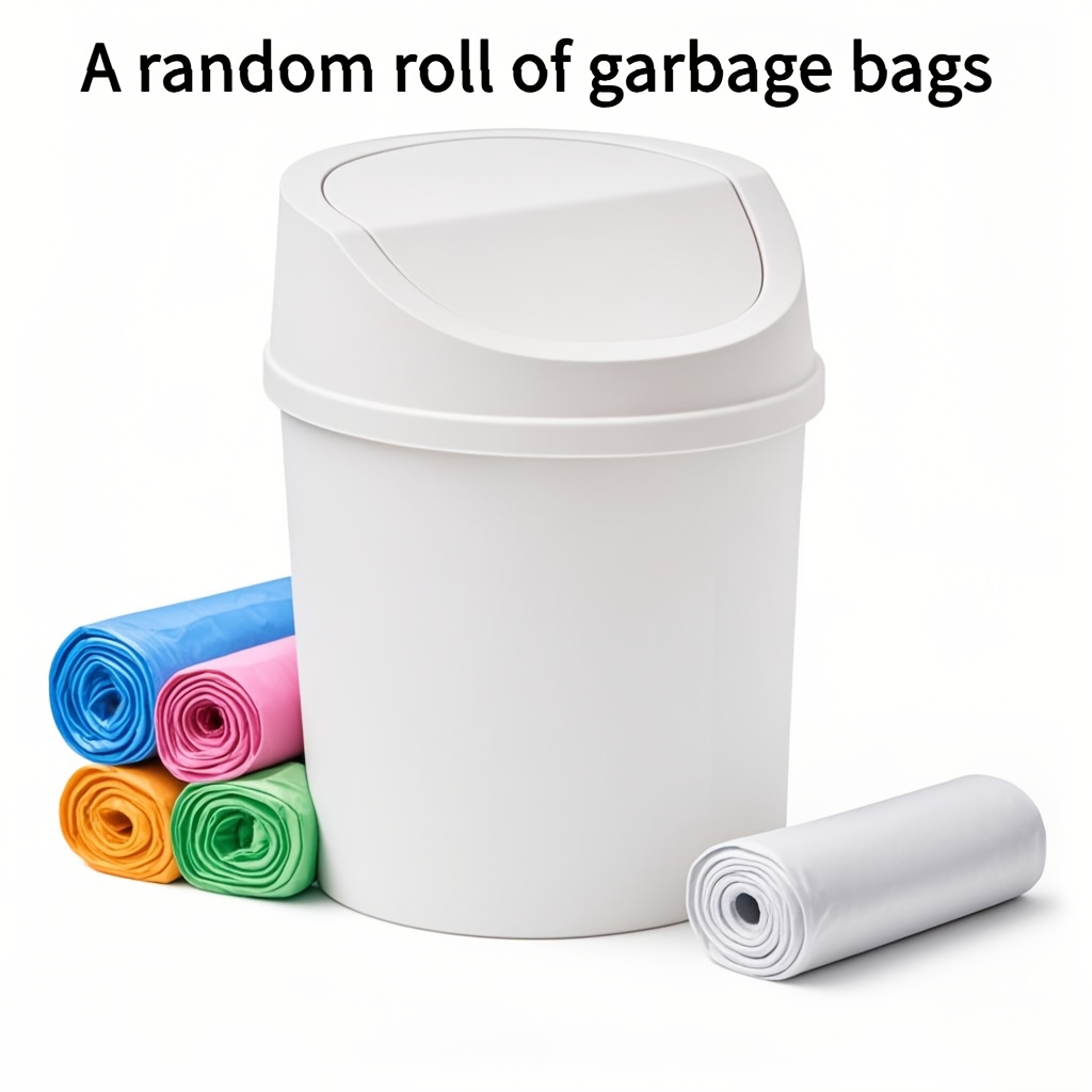 Un set que incluye un mini cubo de basura de escritorio con tapa y un rollo de 30 bolsas de basura pequeñas, con un cubo de basura giratorio de plástico, ideal para el hogar, la oficina y la cocina.