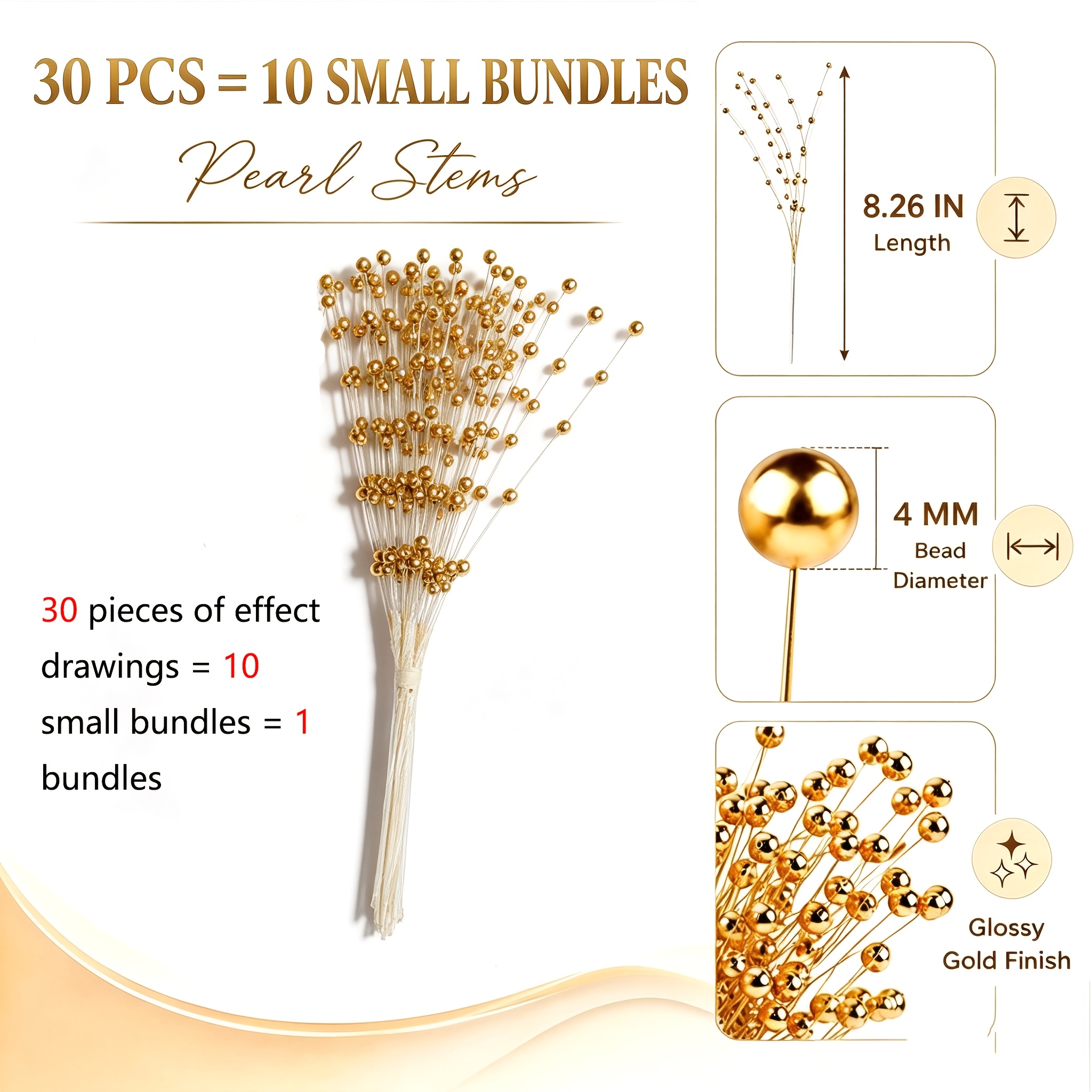 TEMU 10 Bündel 30 Stück Perlenstiel Stiele Bouquets, 4mm Perlenketten Girlande Perlen Spray Füllmaterial Blumenarrangements Baum Picks Hochzeitsfeier