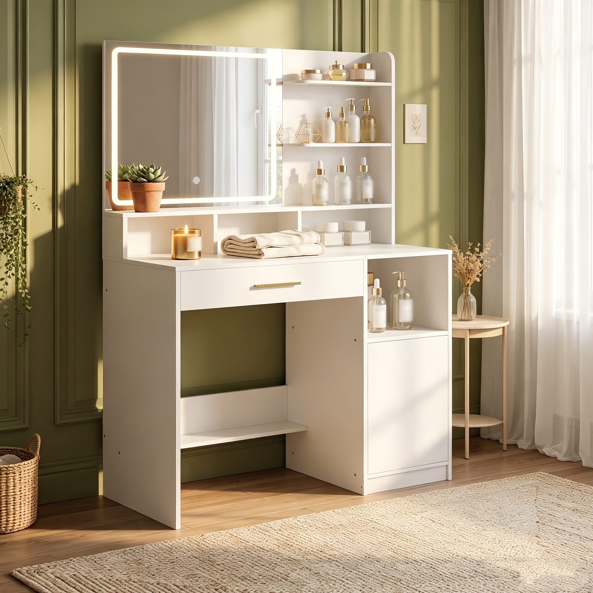 TEMU White Modern Sturdy Dressing Table, 81 X 41 X 141cm, With High-definition Makeup Mirror, Three-mode Adjustable Led Light, Large Drawer And