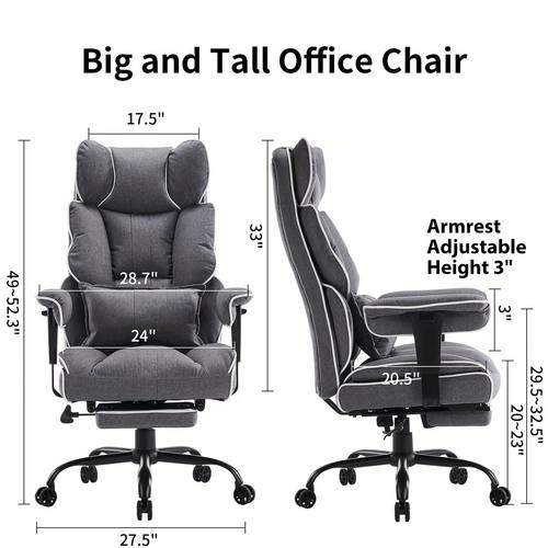 ergonomic big and tall office chair with adjustable height lumbar support and 5 wheel base high back reclining design for home or office use grey white adjustable office furniture high back chair padded armrests desk chair