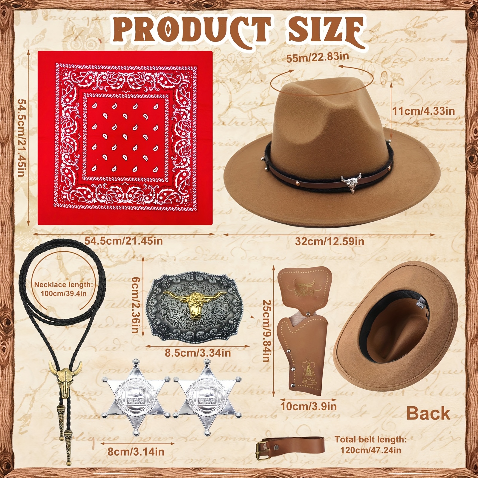 7pcs western cowboy hats men set including hat necklace belt  display picture 1