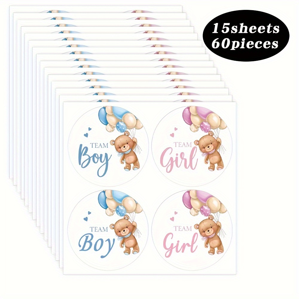 Image of 60pcs 2 Designs Gender Reveal Sticker Set - Team Girl And Team Boy Designs, For Baby Shower And Party Decor, Self-adhesive, Round Cartoon Patterns