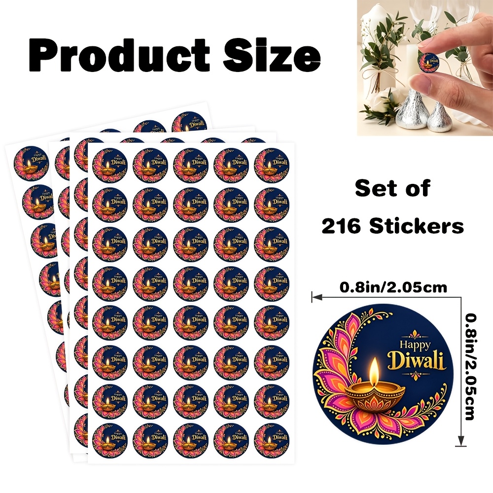 TEMU 216pcs Happy Diwali Round Stickers, Navy Floral Crescent Surrounding A Bronze And Fine Curls, Perfect For Party Favors, Party Packs, Gift Boxes,
