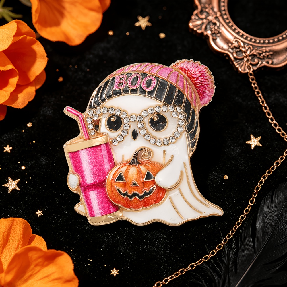 TEMU Cute For Halloween Boo Pink Enamel Brooch, Inlaid Rhinestone Pumpkin Pin, Suitable For Halloween Fashion Accessory Gift