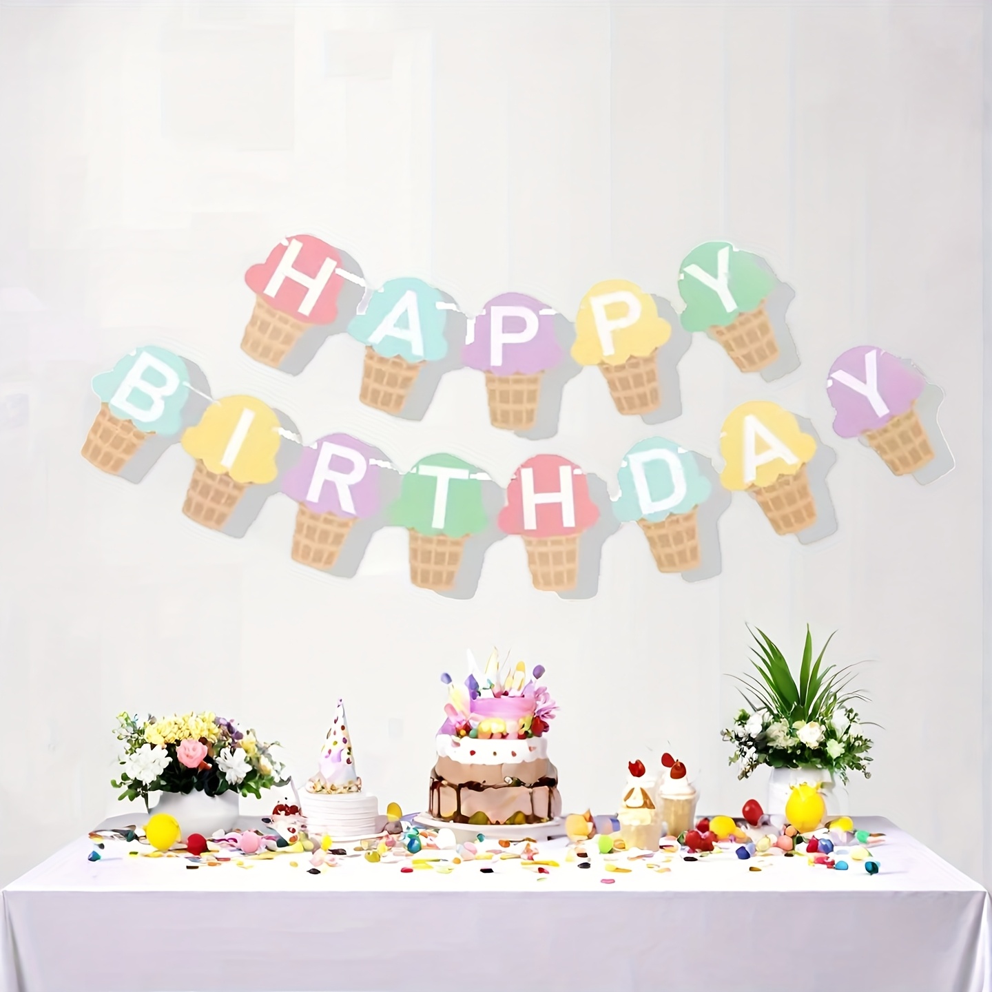 Image of 13pcs Ice Cream Birthday Party Theme Pull Flag Banner Birthday Party Decoration Indoor And Outdoor Scenery Arrangement