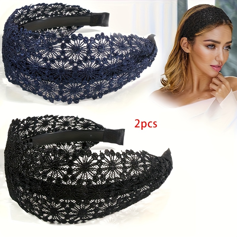 TEMU 2pcs Temperament Mode Large Chapeau à Bord Large en Dentelle avec Fleurs, Serre-tête Brodé, Couvre-Cheveux Femme, Coiffure avec Dents, Bandeau