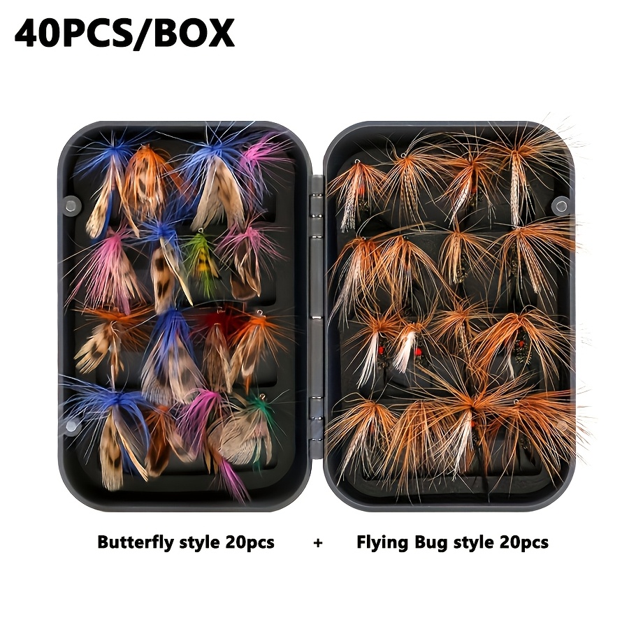 E-shop 40er-Set Fliegenfischerköder - Schmetterlingsköder und Braune Insektenköderhaken, Gemischte Farben, Trockenfliegen- und Fluginsektenformen,