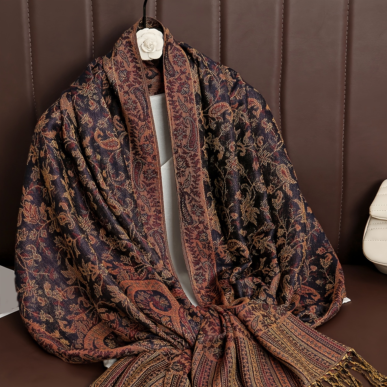 Image of Boho Tassel Paisley Pattern Shawl Scarf With Pashmina Stone, Good-looking, Long Scarf For Women In Accessories Women